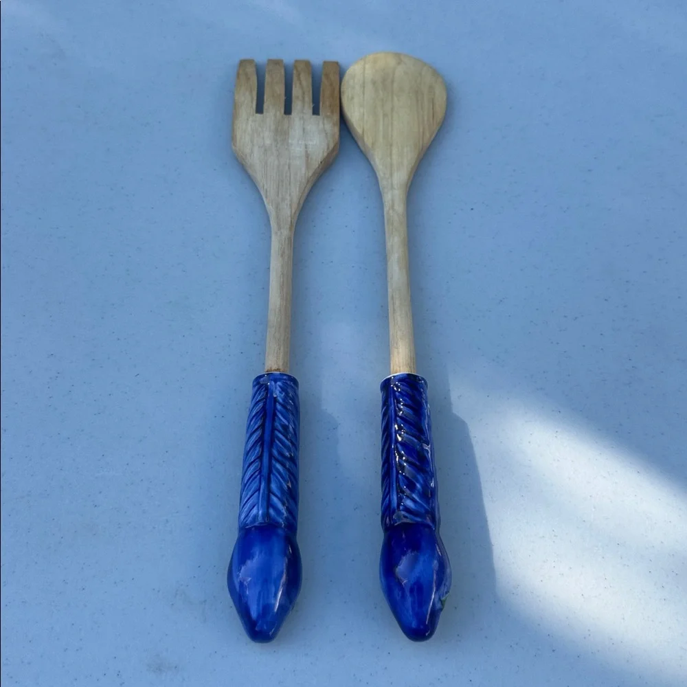 VTG Wooden Salad Serving Fork and Spoon with Ceramic Blue Handles, Made in Italy